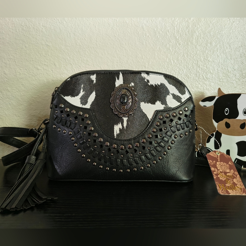 Black and White Studded Cowhide Accent Crossbody Bag